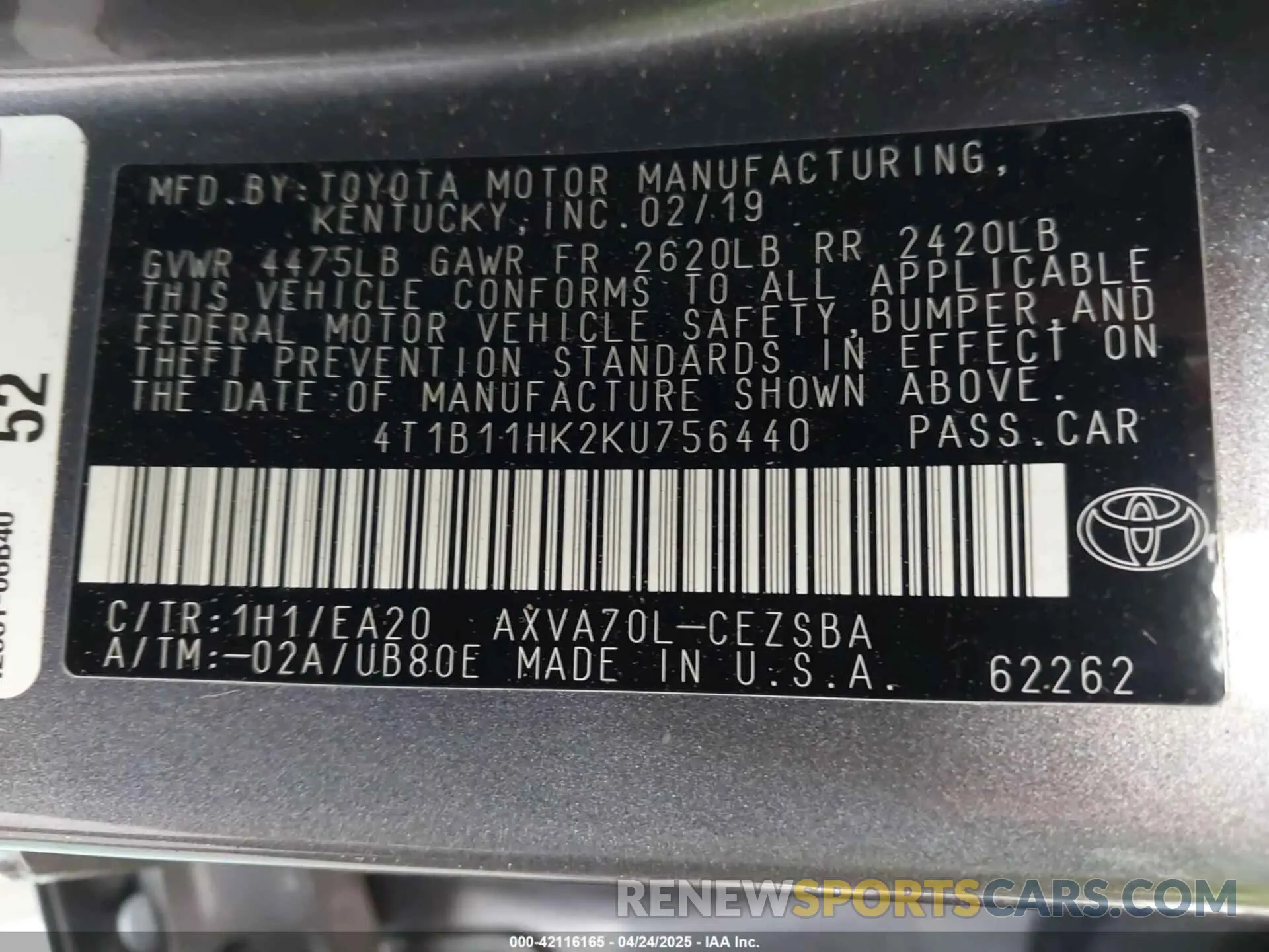 9 fotografías del automóvil dañado 4T1B11HK2KU756440 TOYOTA CAMRY 2019