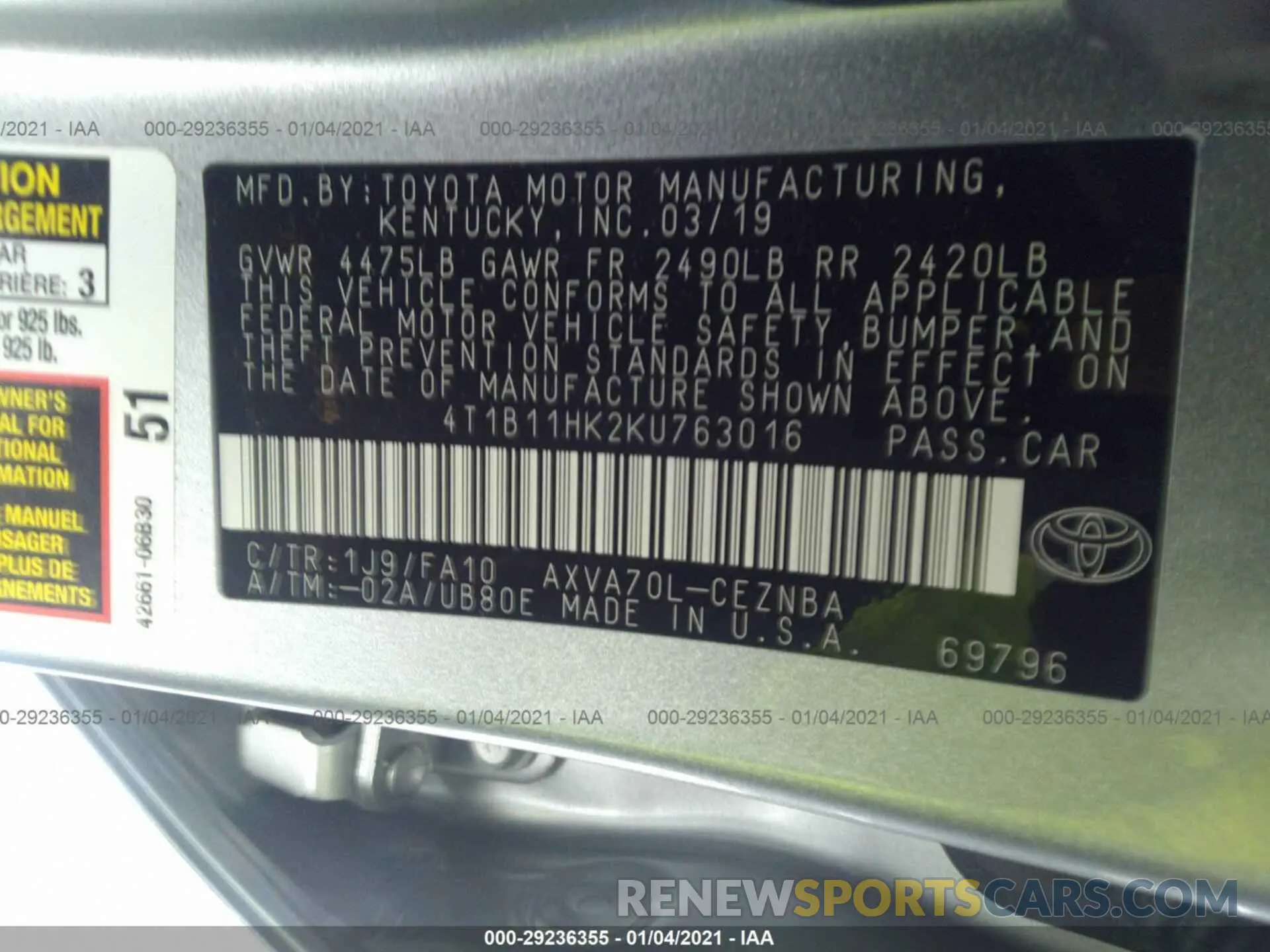 9 fotografías del automóvil dañado 4T1B11HK2KU763016 TOYOTA CAMRY 2019