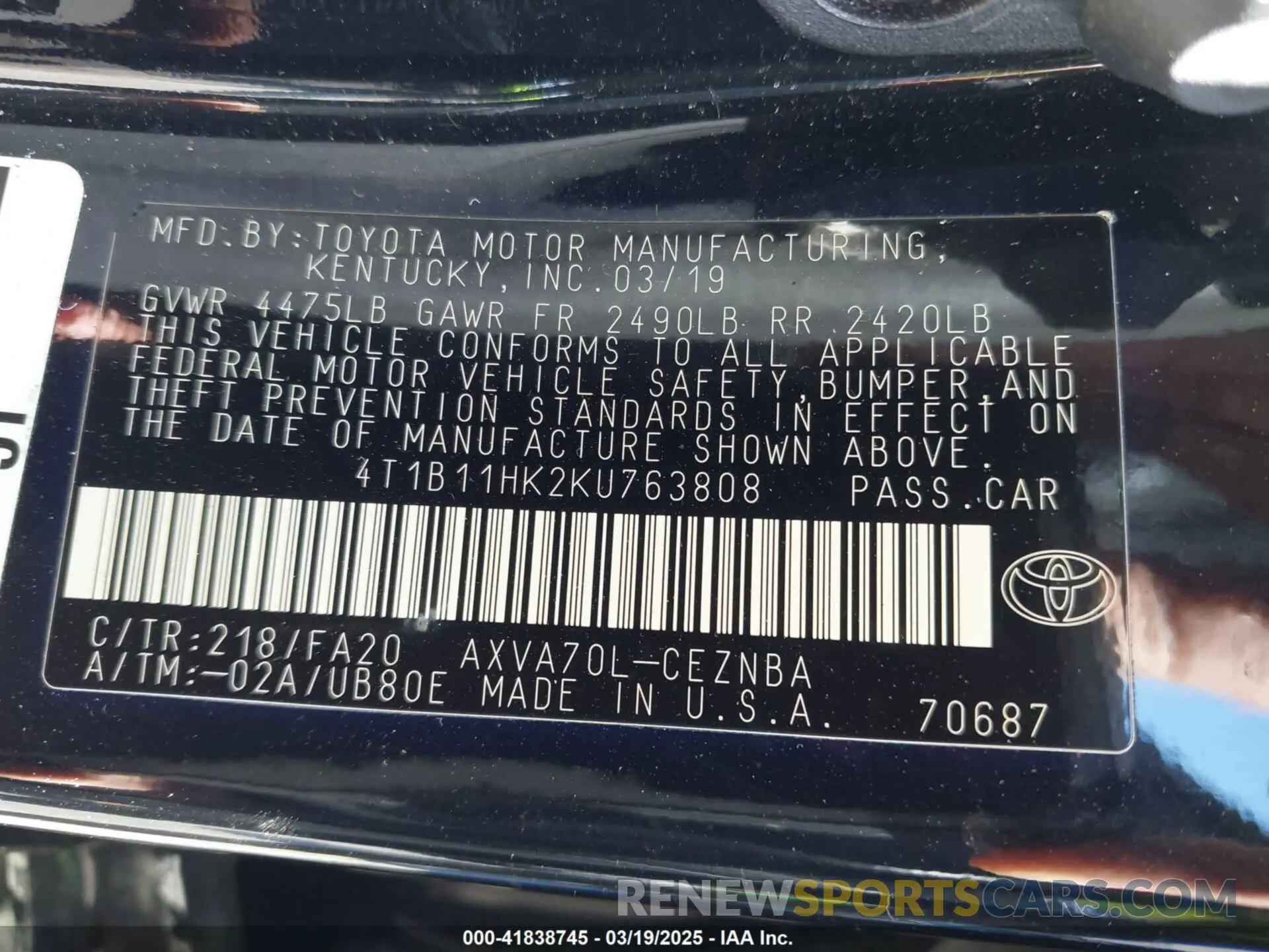 9 fotografías del automóvil dañado 4T1B11HK2KU763808 TOYOTA CAMRY 2019