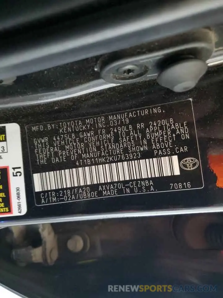 12 fotografías del automóvil dañado 4T1B11HK2KU763923 TOYOTA CAMRY 2019