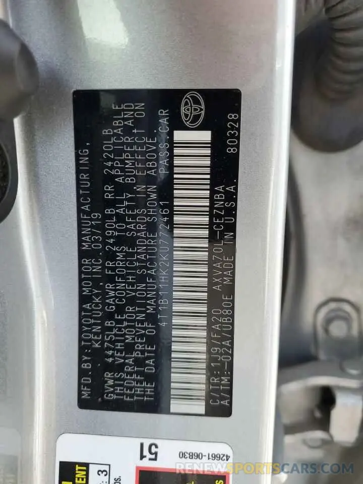 12 fotografías del automóvil dañado 4T1B11HK2KU772461 TOYOTA CAMRY 2019