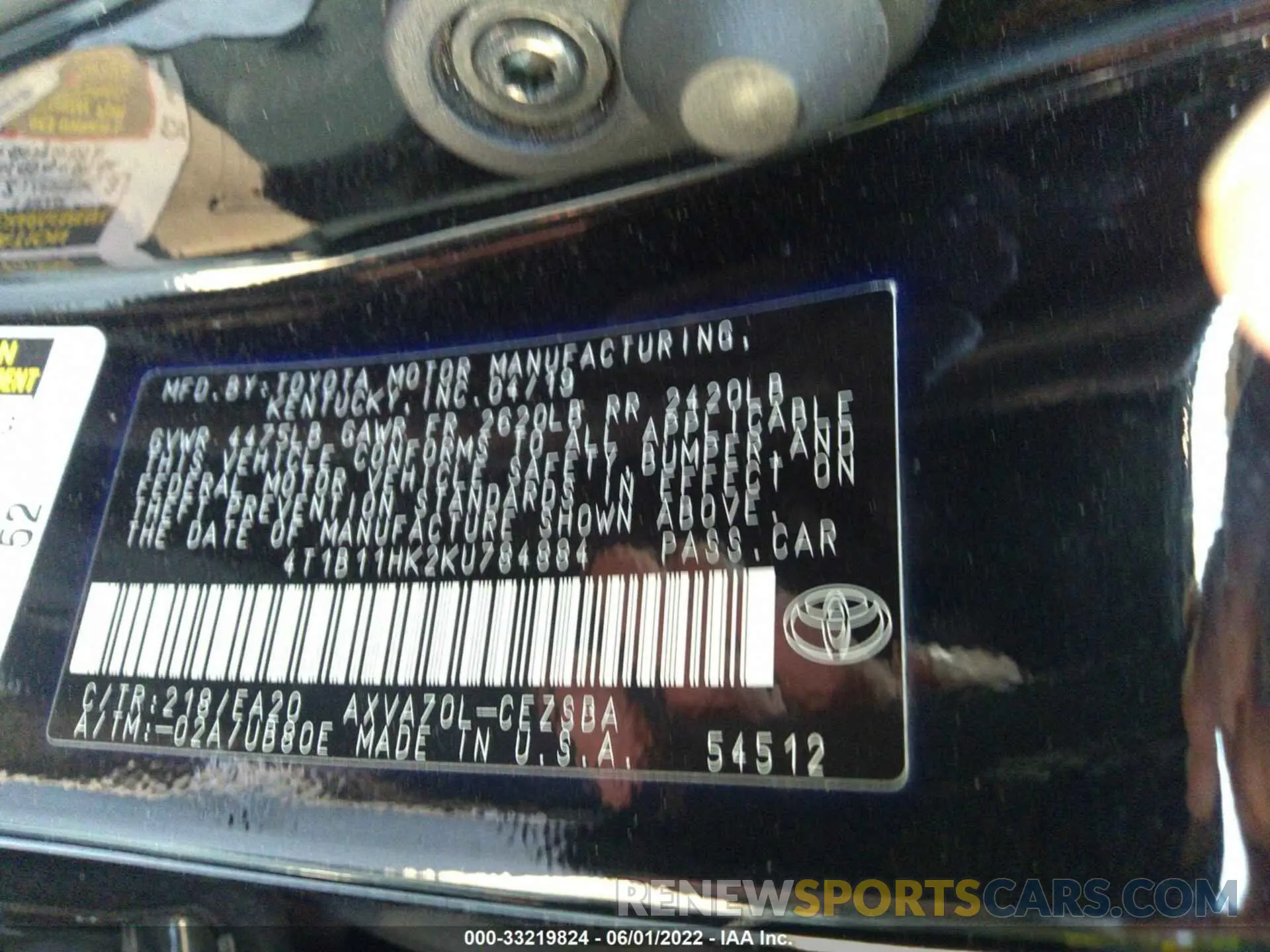 9 fotografías del automóvil dañado 4T1B11HK2KU784884 TOYOTA CAMRY 2019