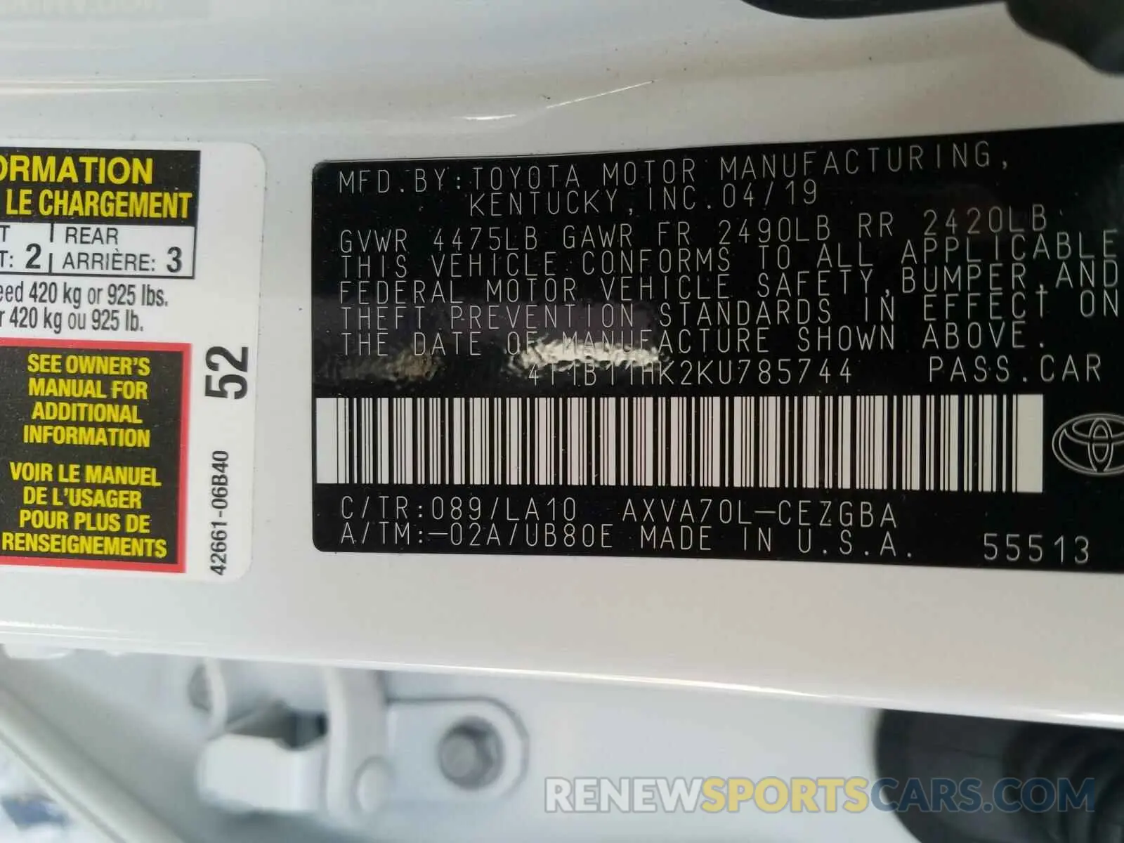 10 fotografías del automóvil dañado 4T1B11HK2KU785744 TOYOTA CAMRY 2019