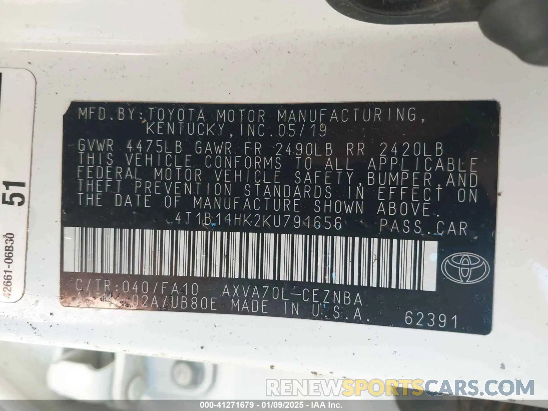 9 fotografías del automóvil dañado 4T1B11HK2KU791656 TOYOTA CAMRY 2019