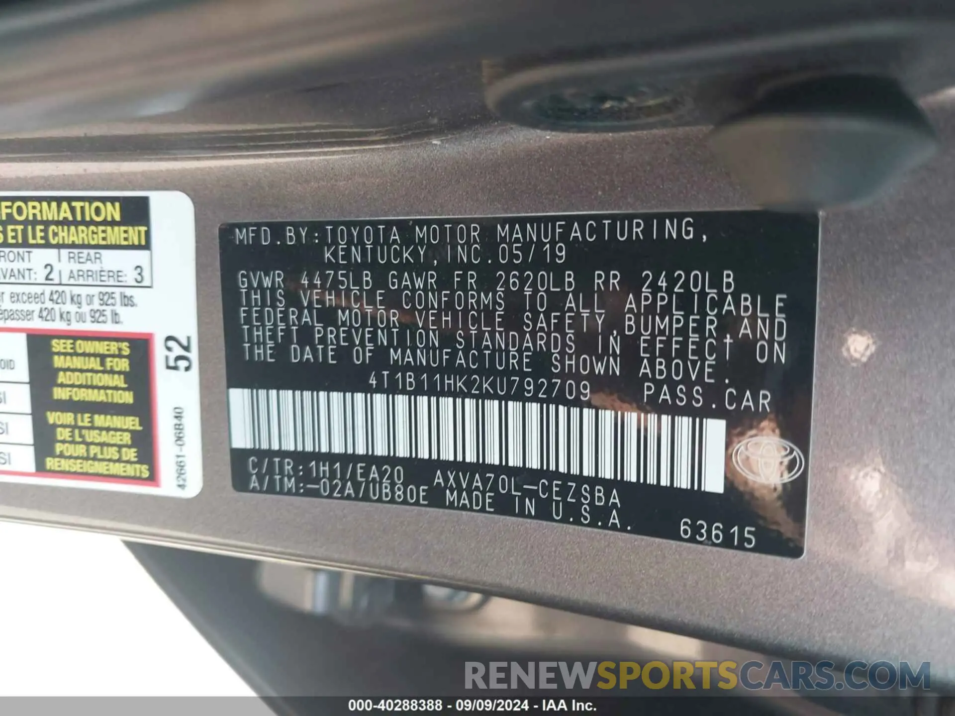 9 fotografías del automóvil dañado 4T1B11HK2KU792709 TOYOTA CAMRY 2019
