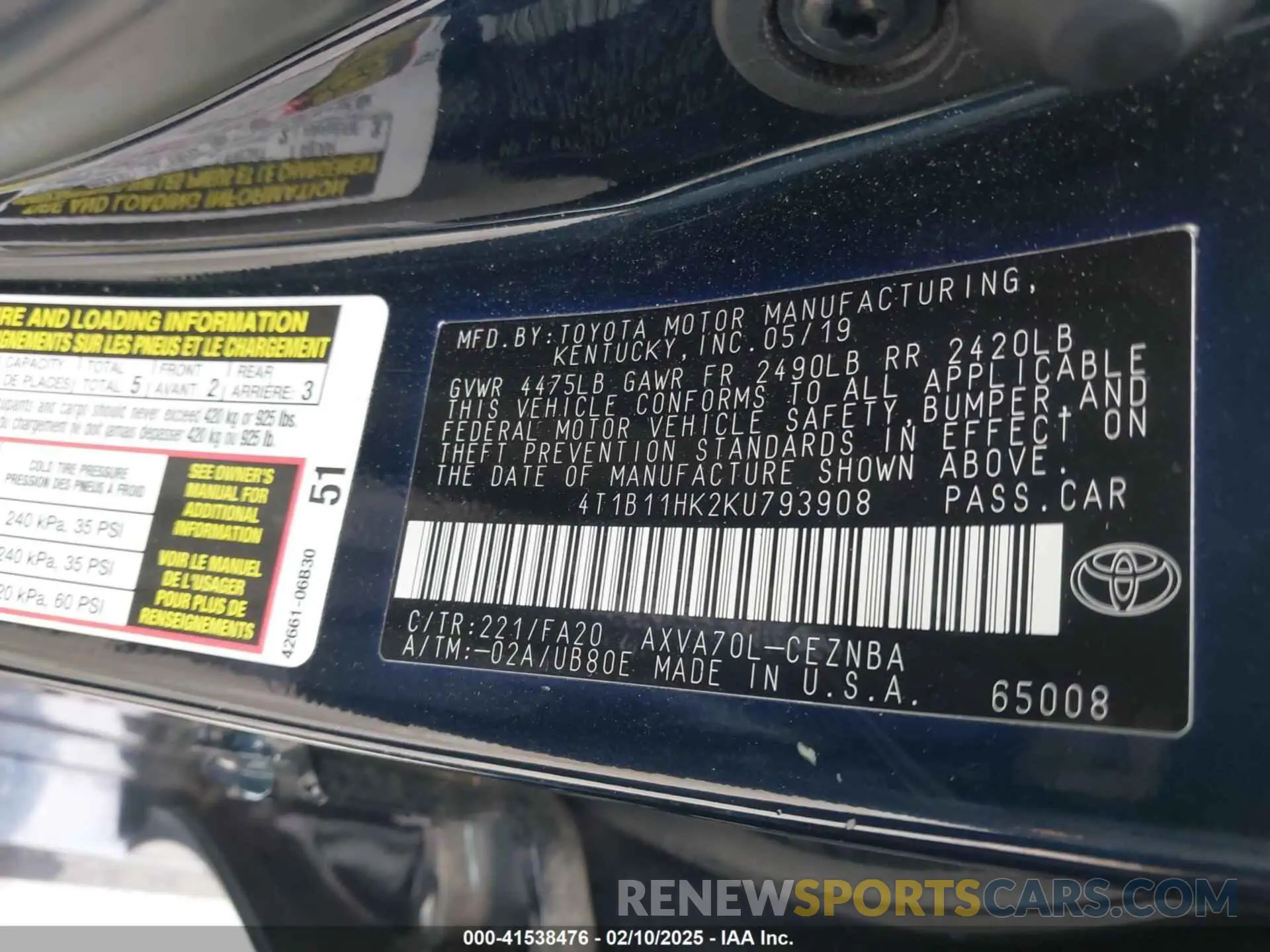 9 fotografías del automóvil dañado 4T1B11HK2KU793908 TOYOTA CAMRY 2019