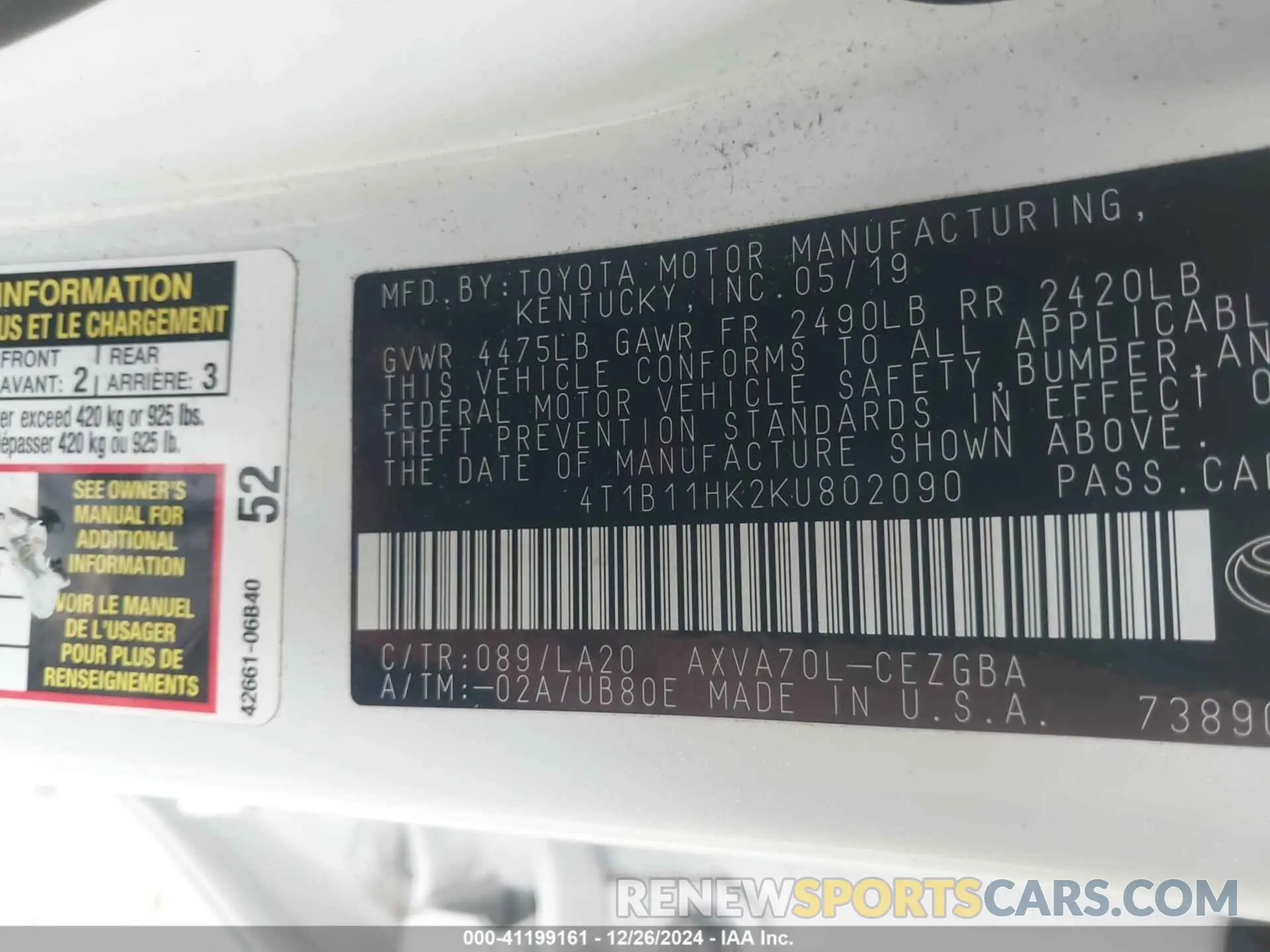 9 fotografías del automóvil dañado 4T1B11HK2KU802090 TOYOTA CAMRY 2019