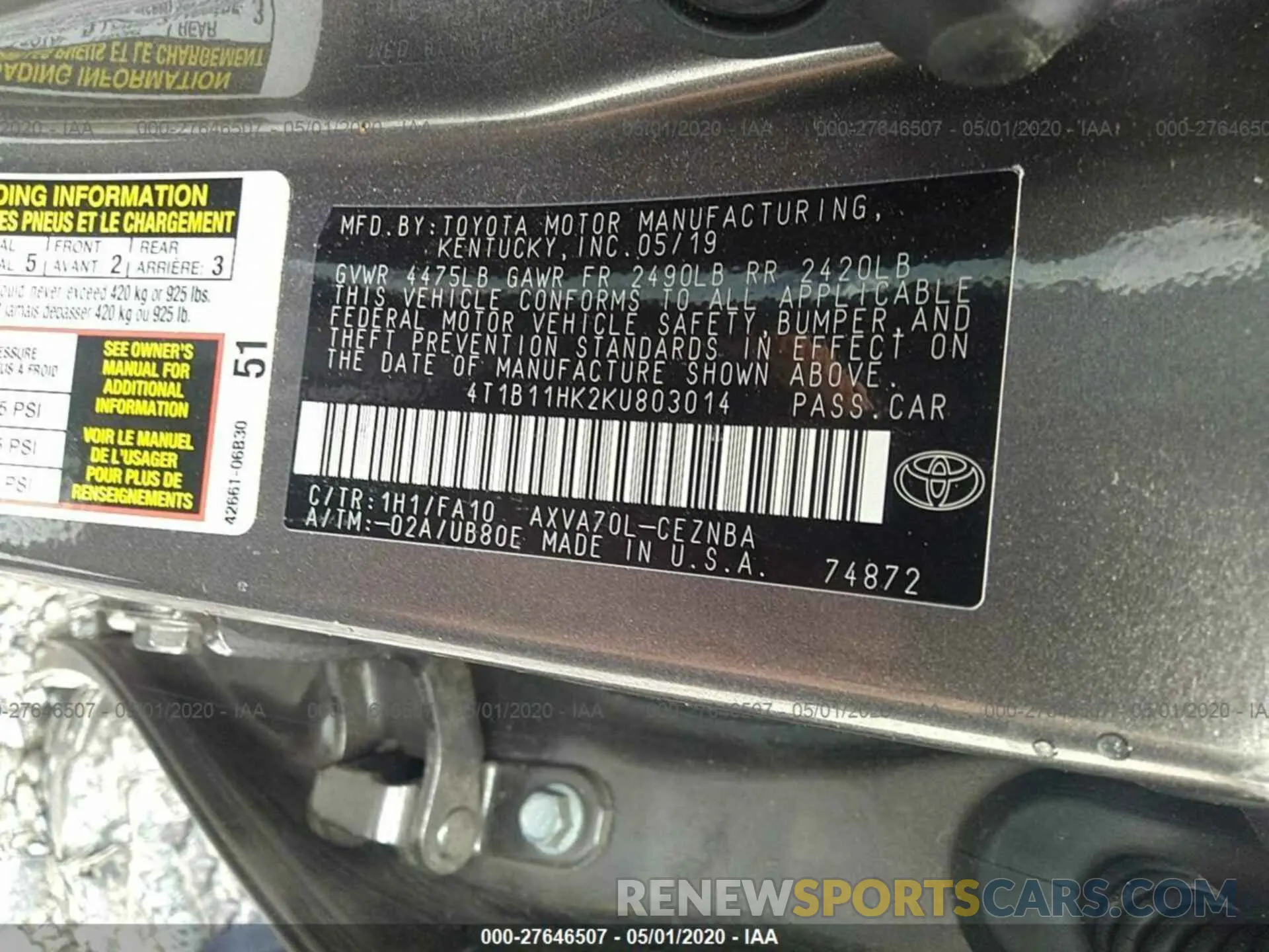 9 fotografías del automóvil dañado 4T1B11HK2KU803014 TOYOTA CAMRY 2019