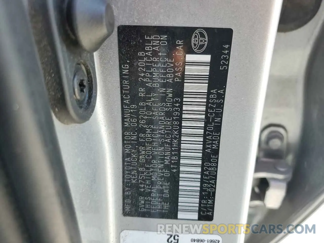 12 fotografías del automóvil dañado 4T1B11HK2KU819343 TOYOTA CAMRY 2019