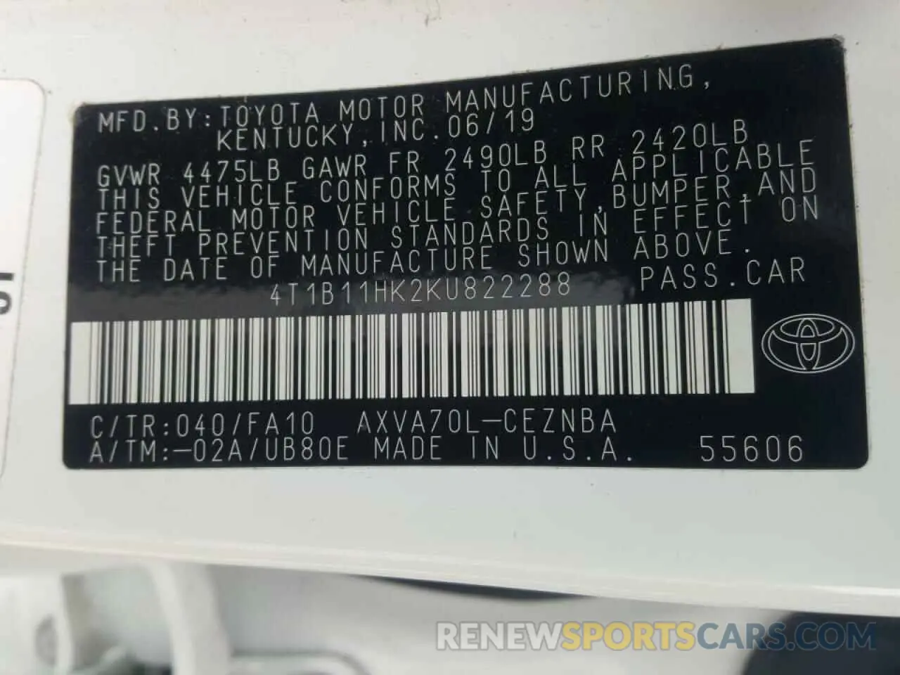 10 fotografías del automóvil dañado 4T1B11HK2KU822288 TOYOTA CAMRY 2019