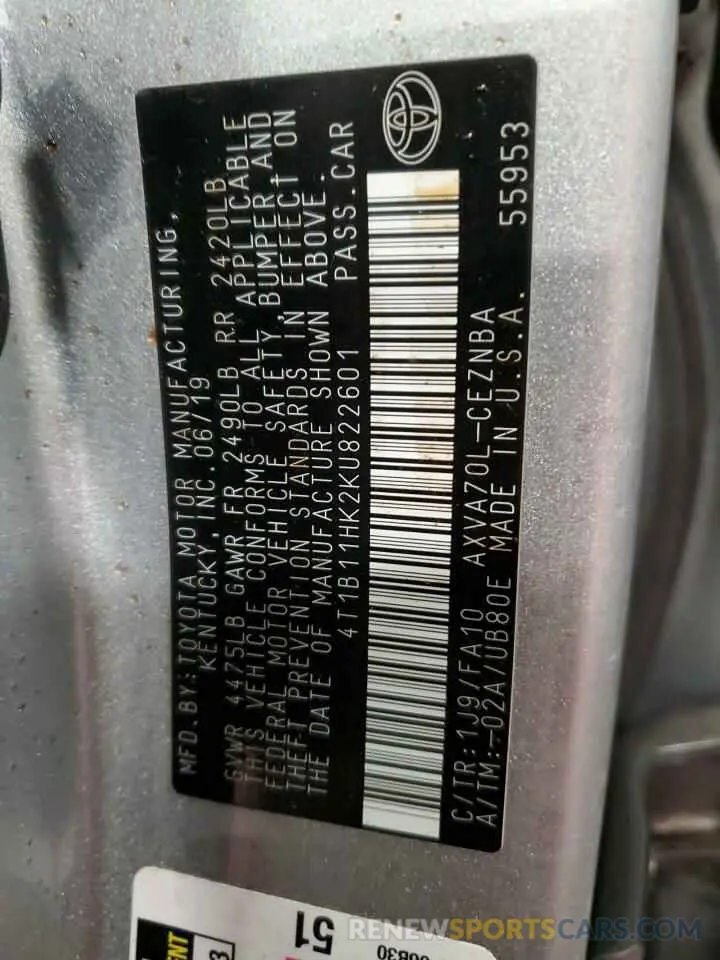 13 fotografías del automóvil dañado 4T1B11HK2KU822601 TOYOTA CAMRY 2019