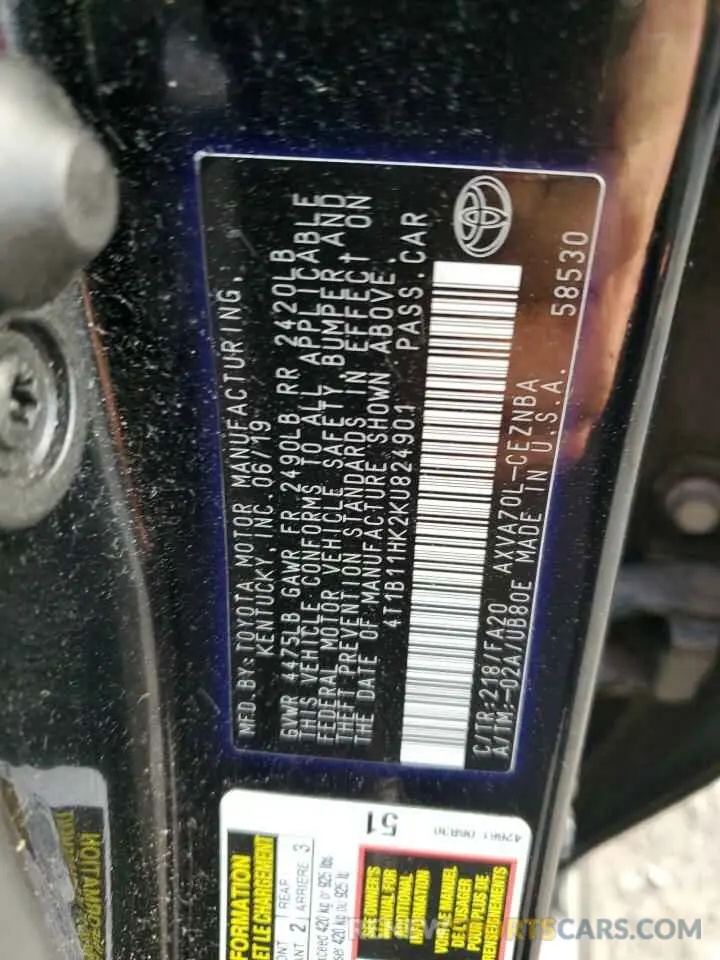 12 fotografías del automóvil dañado 4T1B11HK2KU824901 TOYOTA CAMRY 2019