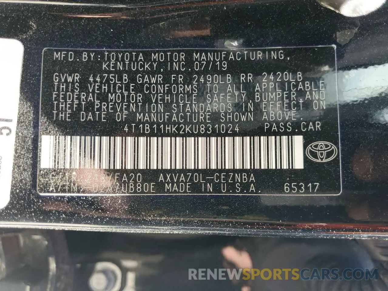 12 fotografías del automóvil dañado 4T1B11HK2KU831024 TOYOTA CAMRY 2019