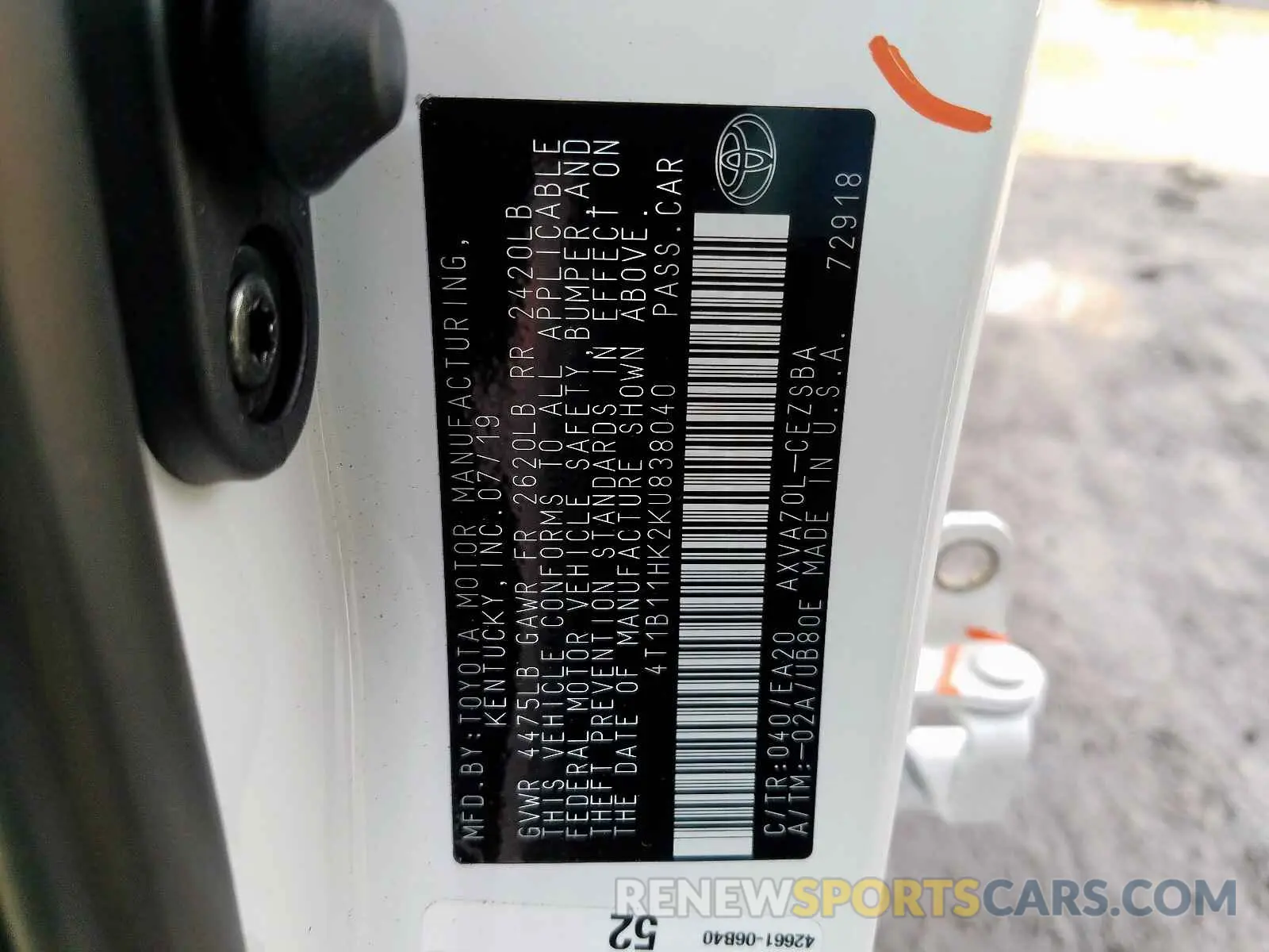 10 fotografías del automóvil dañado 4T1B11HK2KU838040 TOYOTA CAMRY 2019