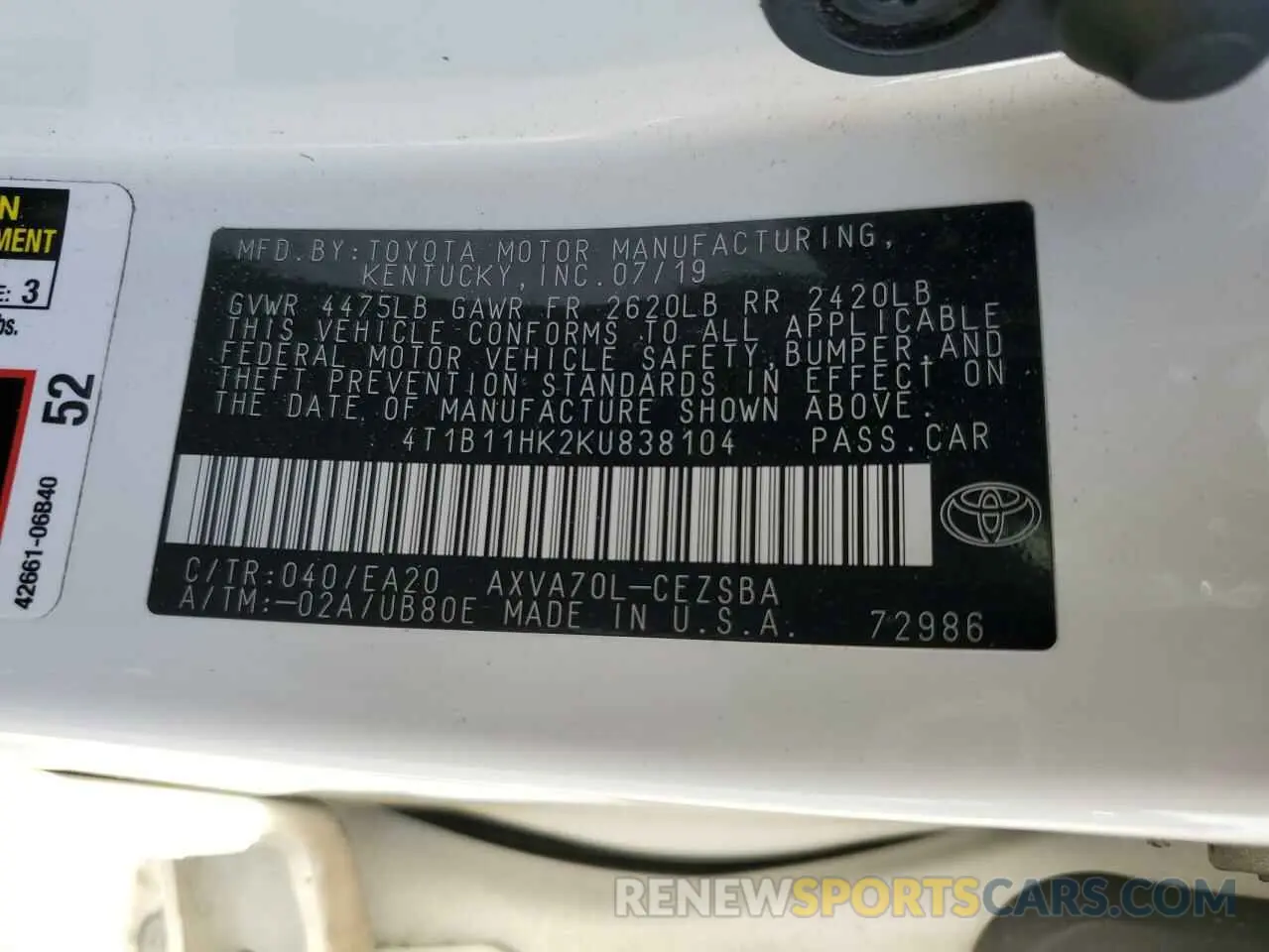 12 fotografías del automóvil dañado 4T1B11HK2KU838104 TOYOTA CAMRY 2019