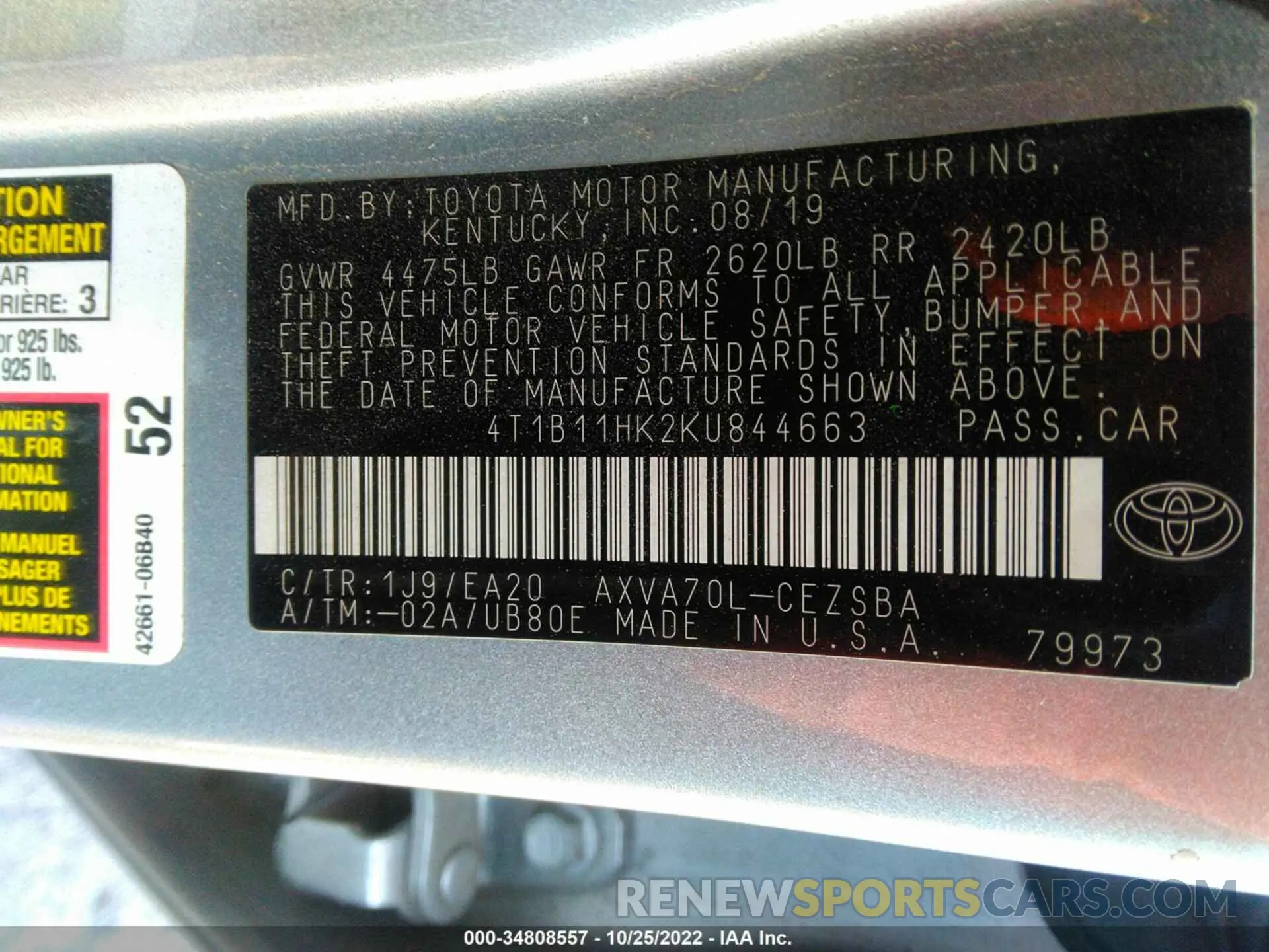 9 fotografías del automóvil dañado 4T1B11HK2KU844663 TOYOTA CAMRY 2019