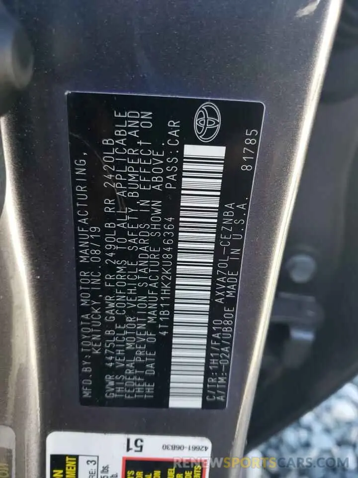 12 fotografías del automóvil dañado 4T1B11HK2KU846364 TOYOTA CAMRY 2019