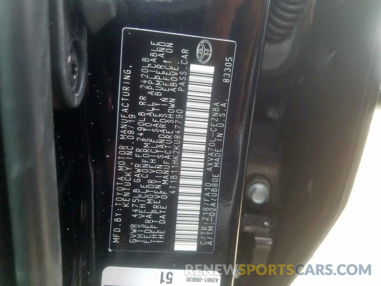 10 fotografías del automóvil dañado 4T1B11HK2KU847790 TOYOTA CAMRY 2019