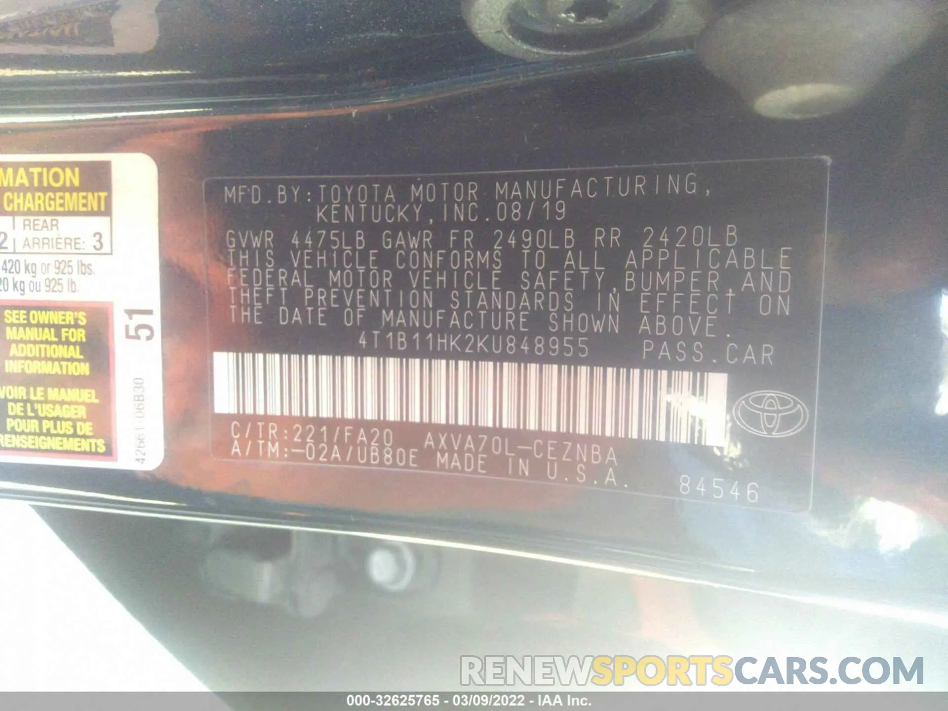 9 fotografías del automóvil dañado 4T1B11HK2KU848955 TOYOTA CAMRY 2019