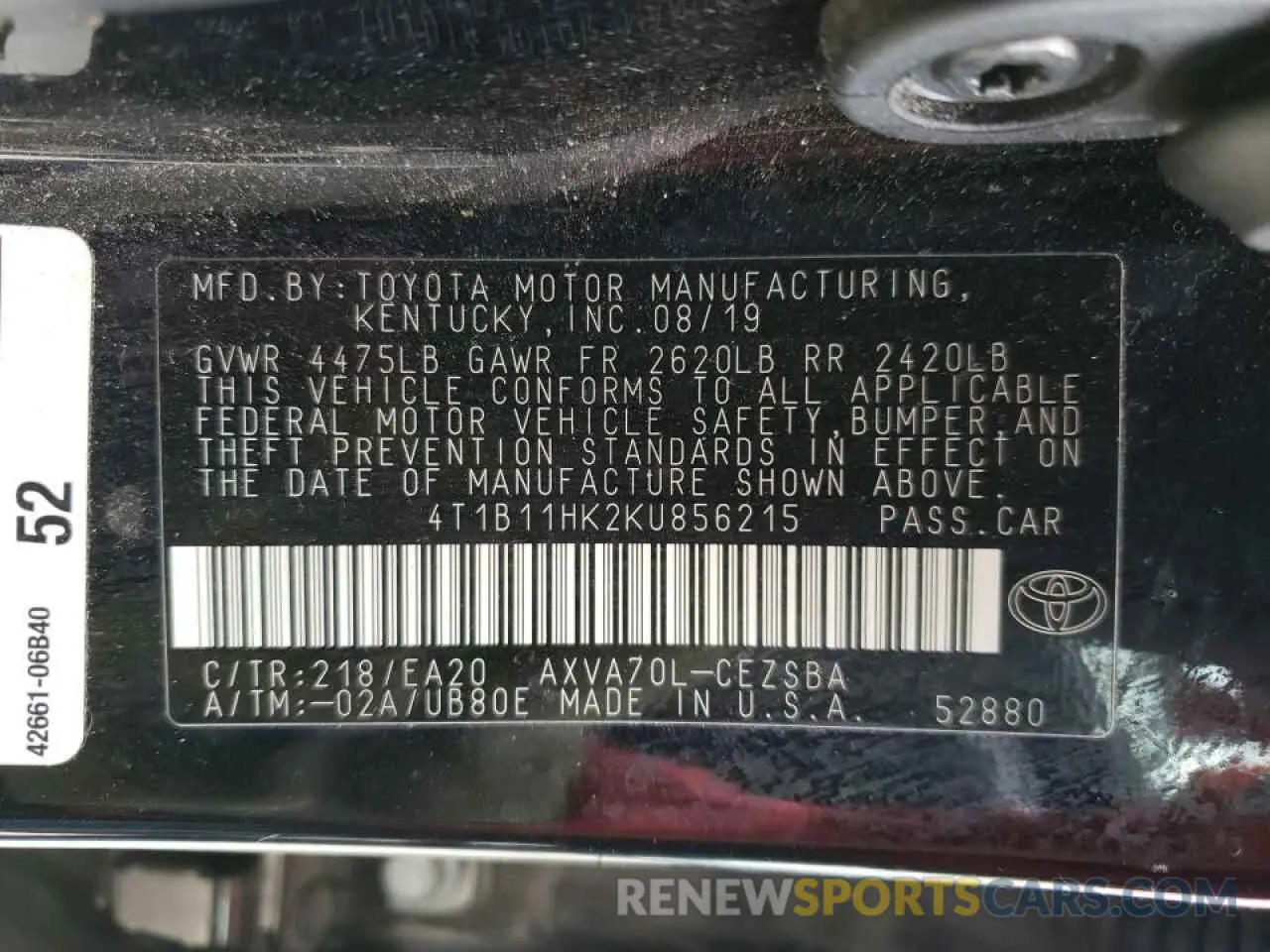 10 fotografías del automóvil dañado 4T1B11HK2KU856215 TOYOTA CAMRY 2019