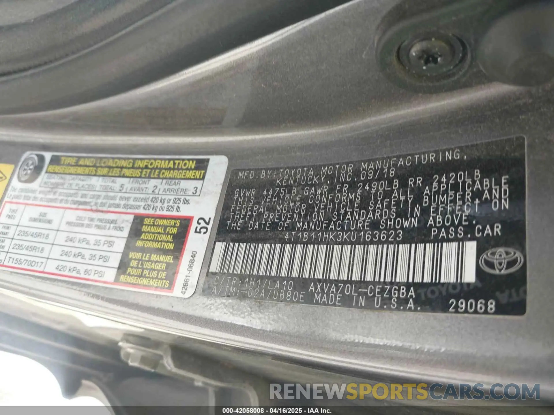 9 fotografías del automóvil dañado 4T1B11HK3KU163623 TOYOTA CAMRY 2019