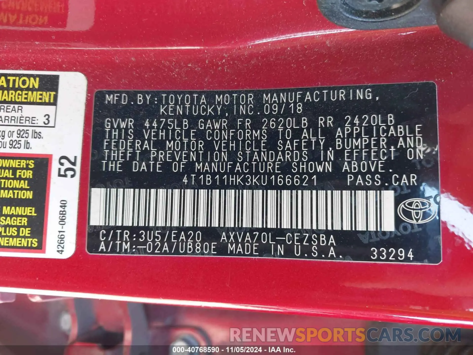 9 fotografías del automóvil dañado 4T1B11HK3KU166621 TOYOTA CAMRY 2019