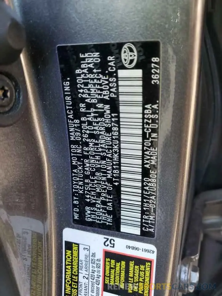 13 fotografías del automóvil dañado 4T1B11HK3KU168711 TOYOTA CAMRY 2019
