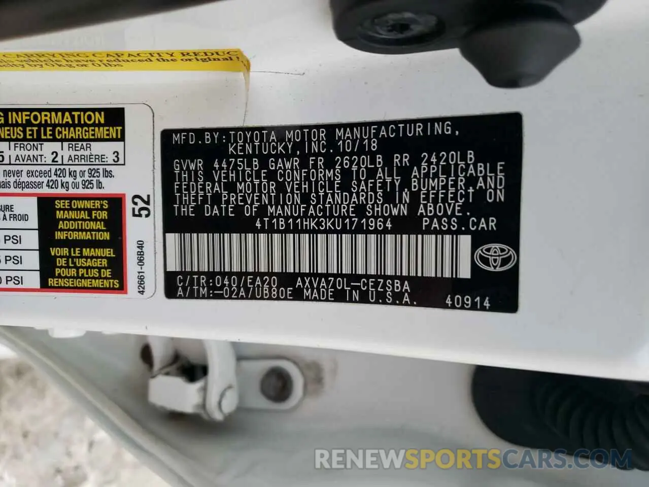 14 fotografías del automóvil dañado 4T1B11HK3KU171964 TOYOTA CAMRY 2019