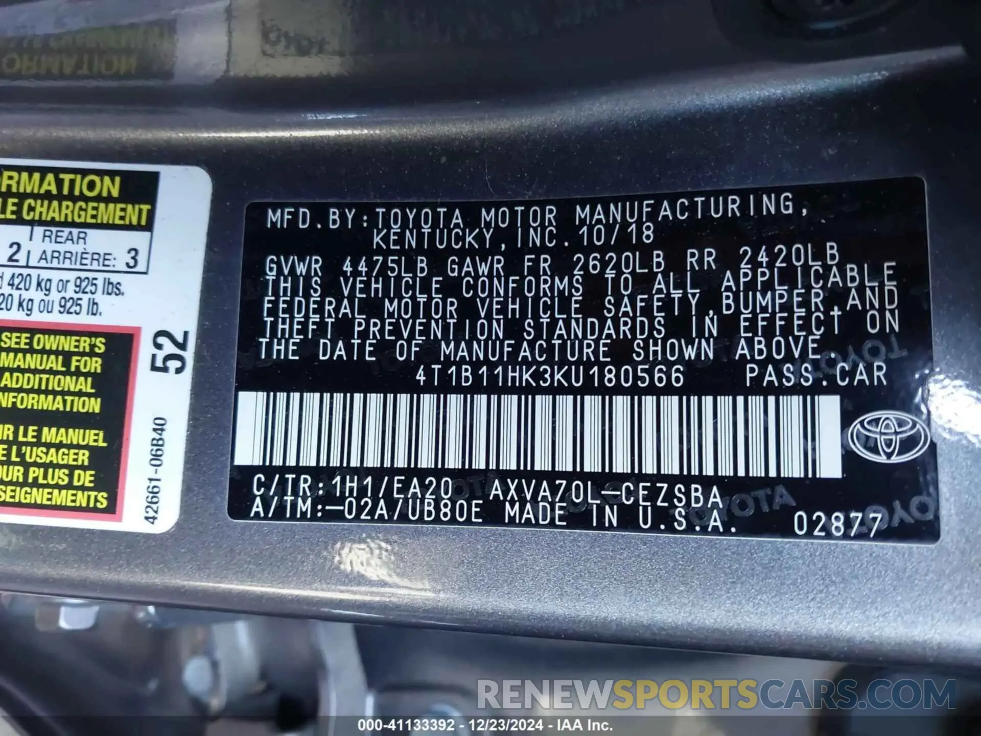 9 fotografías del automóvil dañado 4T1B11HK3KU180566 TOYOTA CAMRY 2019