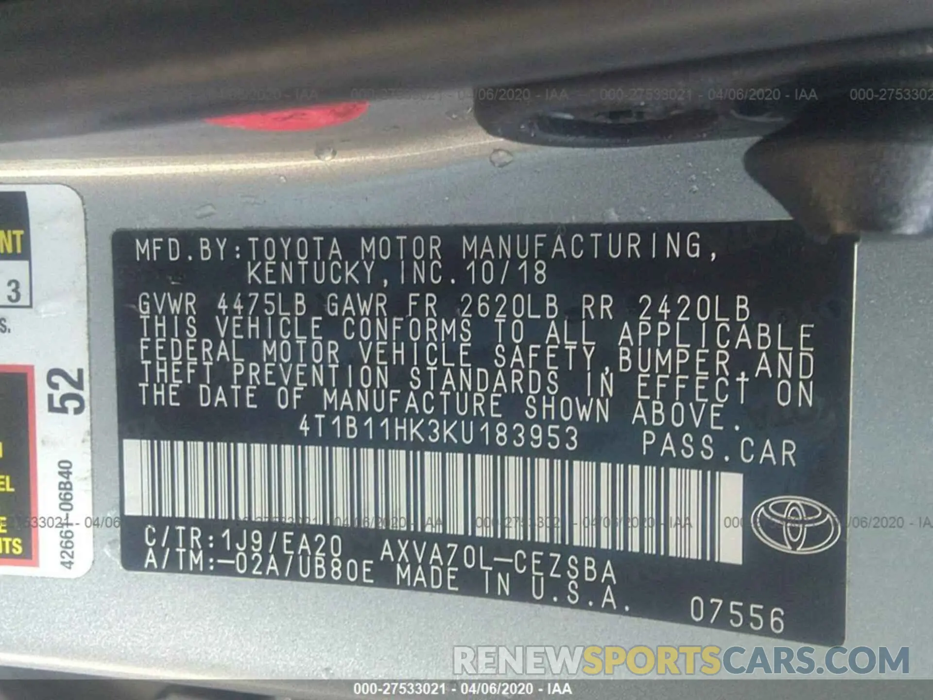 9 fotografías del automóvil dañado 4T1B11HK3KU183953 TOYOTA CAMRY 2019