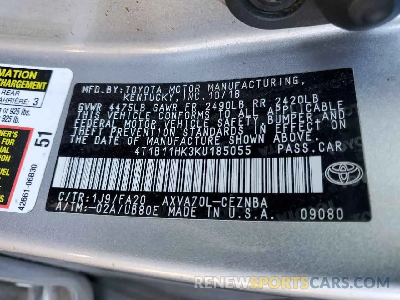 12 fotografías del automóvil dañado 4T1B11HK3KU185055 TOYOTA CAMRY 2019