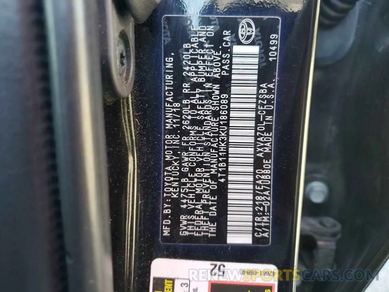 13 fotografías del automóvil dañado 4T1B11HK3KU186089 TOYOTA CAMRY 2019
