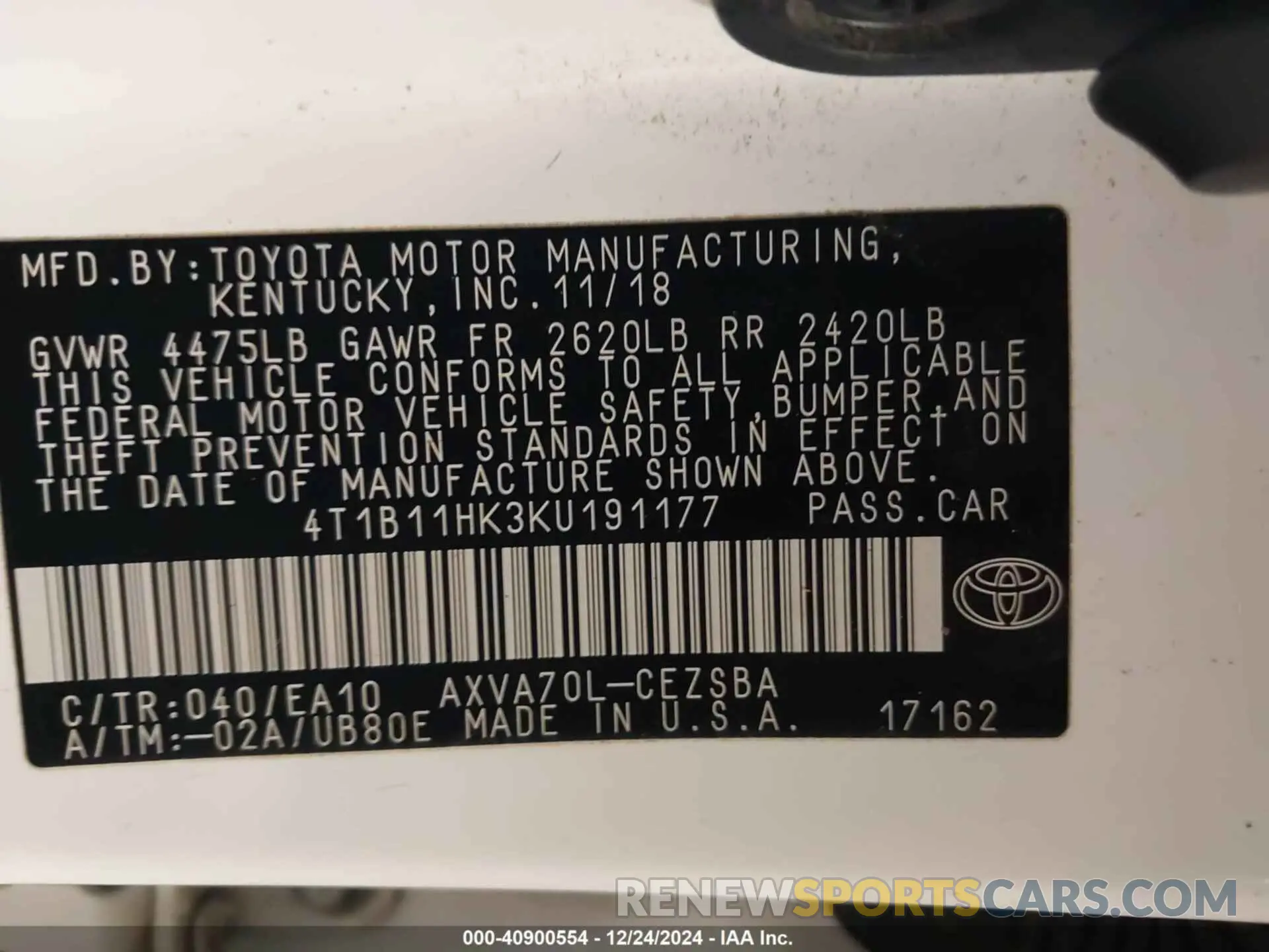 9 fotografías del automóvil dañado 4T1B11HK3KU191177 TOYOTA CAMRY 2019