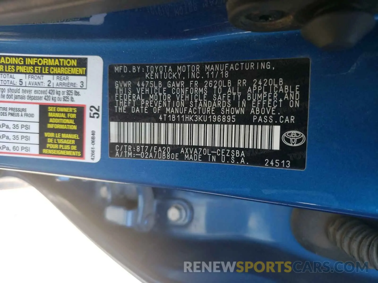 10 fotografías del automóvil dañado 4T1B11HK3KU196895 TOYOTA CAMRY 2019