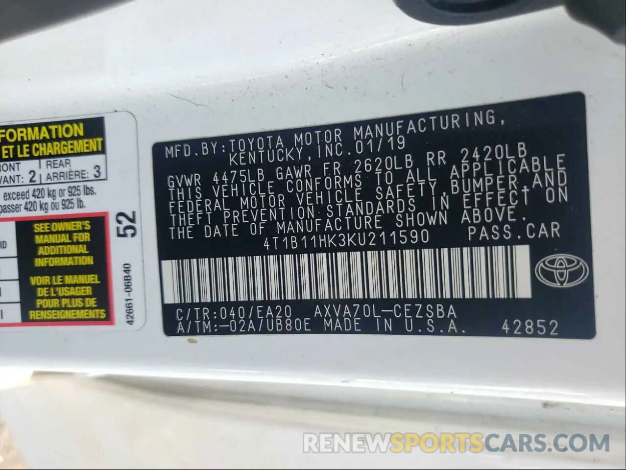 10 fotografías del automóvil dañado 4T1B11HK3KU211590 TOYOTA CAMRY 2019