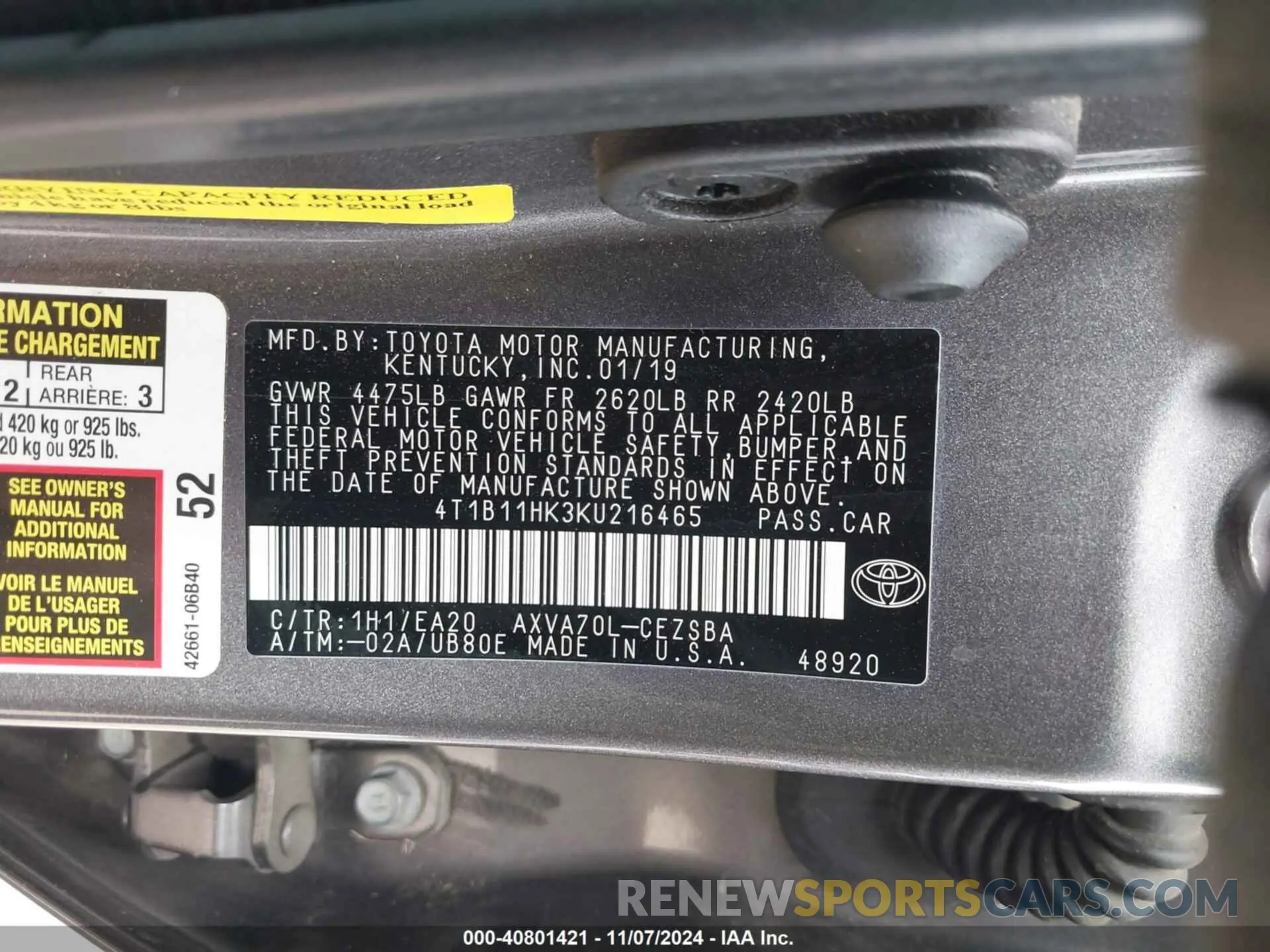 9 fotografías del automóvil dañado 4T1B11HK3KU216465 TOYOTA CAMRY 2019
