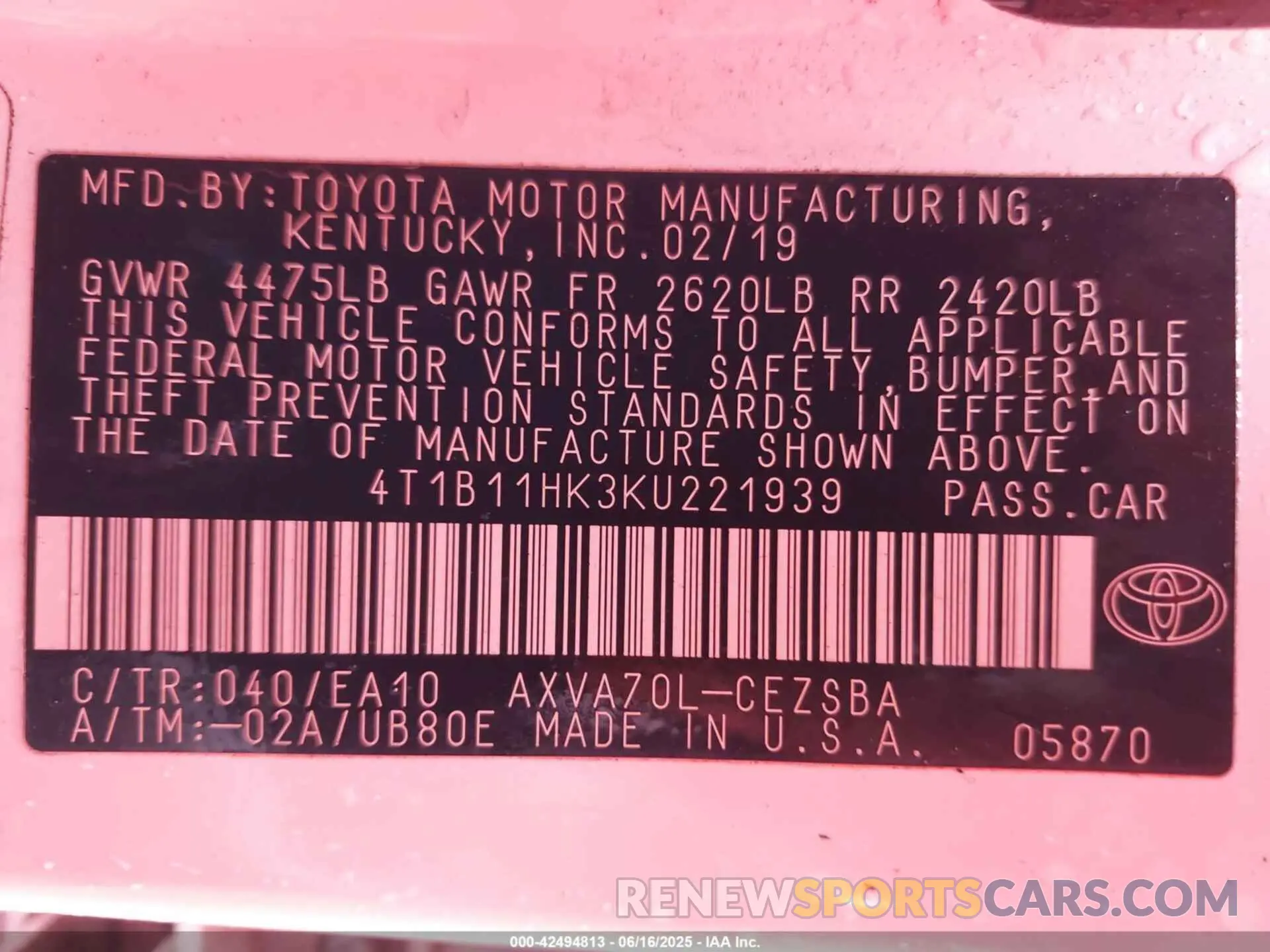 9 fotografías del automóvil dañado 4T1B11HK3KU221939 TOYOTA CAMRY 2019