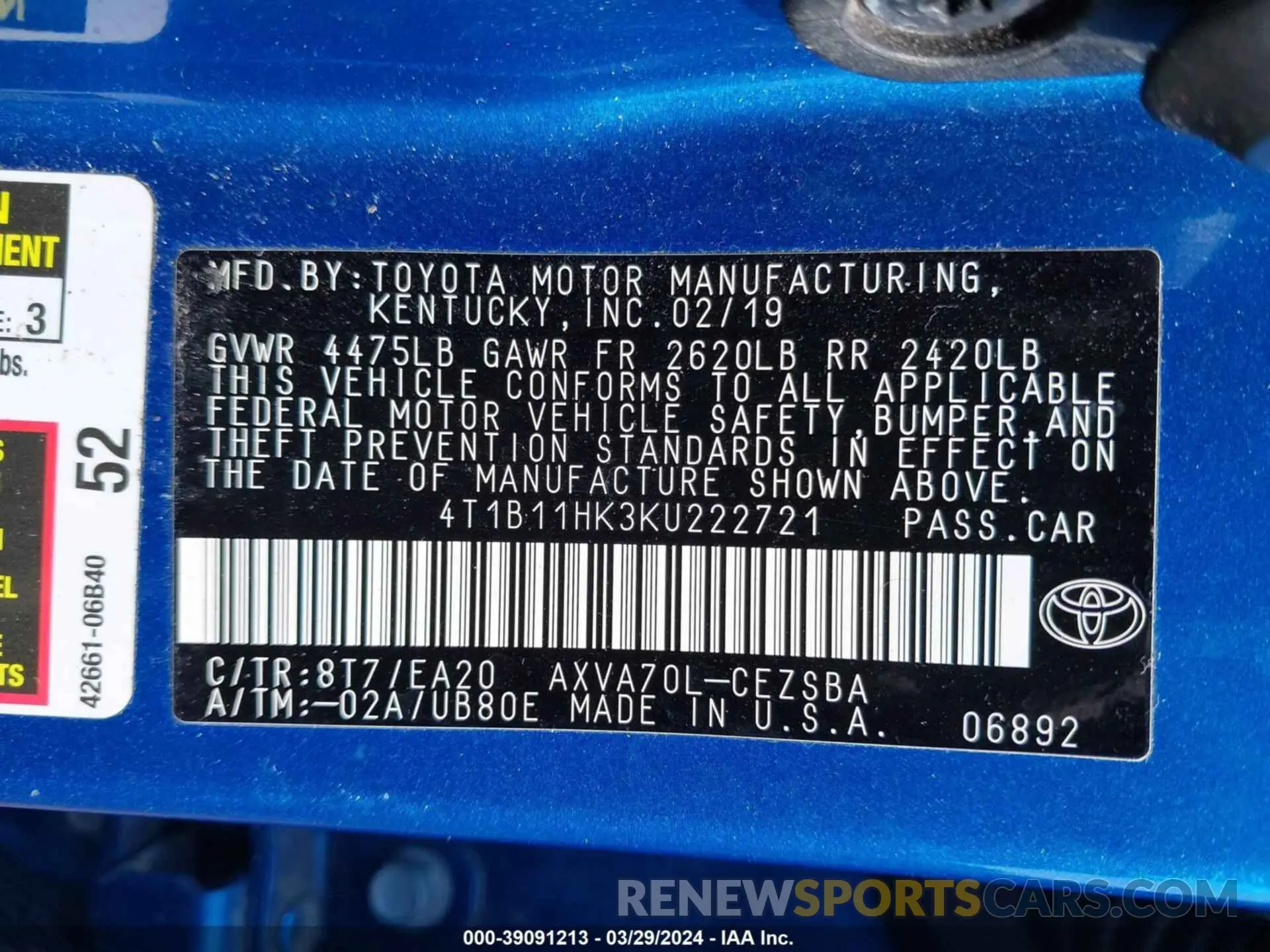 9 fotografías del automóvil dañado 4T1B11HK3KU222721 TOYOTA CAMRY 2019