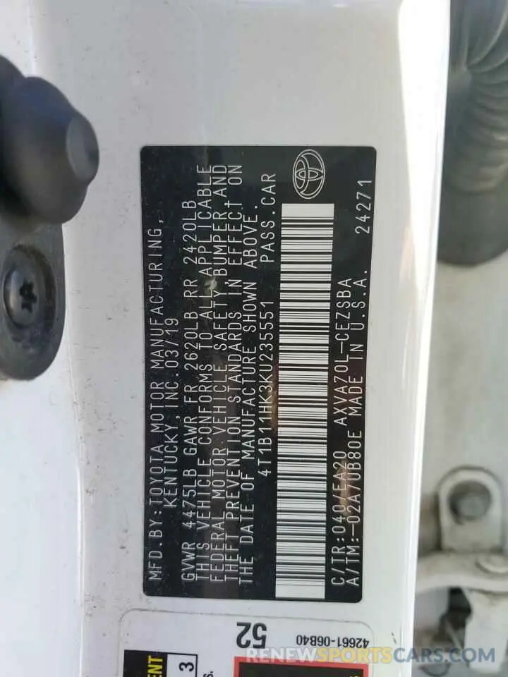 14 fotografías del automóvil dañado 4T1B11HK3KU235551 TOYOTA CAMRY 2019