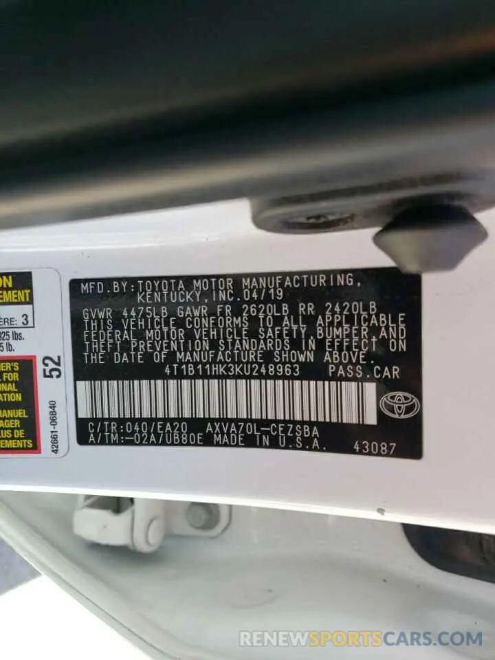 10 fotografías del automóvil dañado 4T1B11HK3KU248963 TOYOTA CAMRY 2019