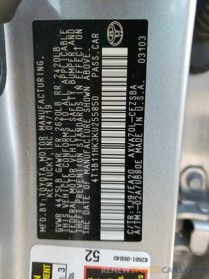 10 fotografías del automóvil dañado 4T1B11HK3KU255850 TOYOTA CAMRY 2019