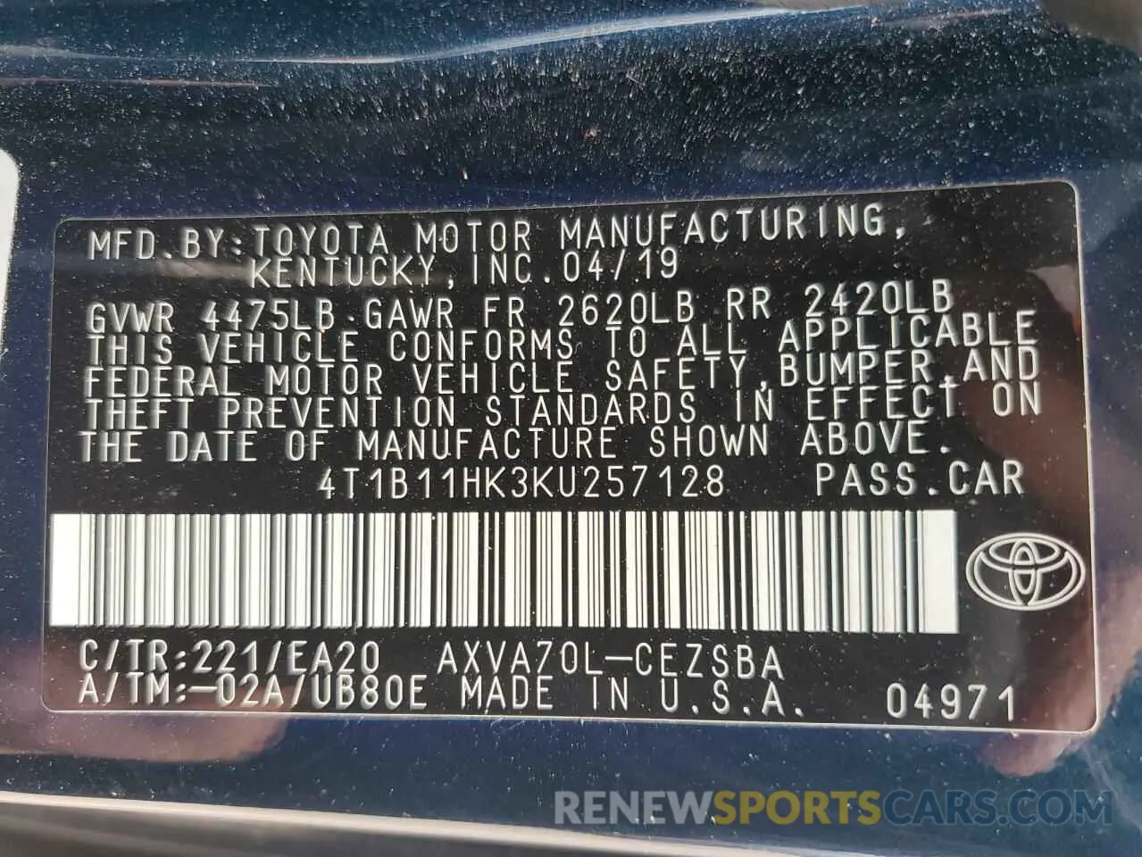 12 fotografías del automóvil dañado 4T1B11HK3KU257128 TOYOTA CAMRY 2019