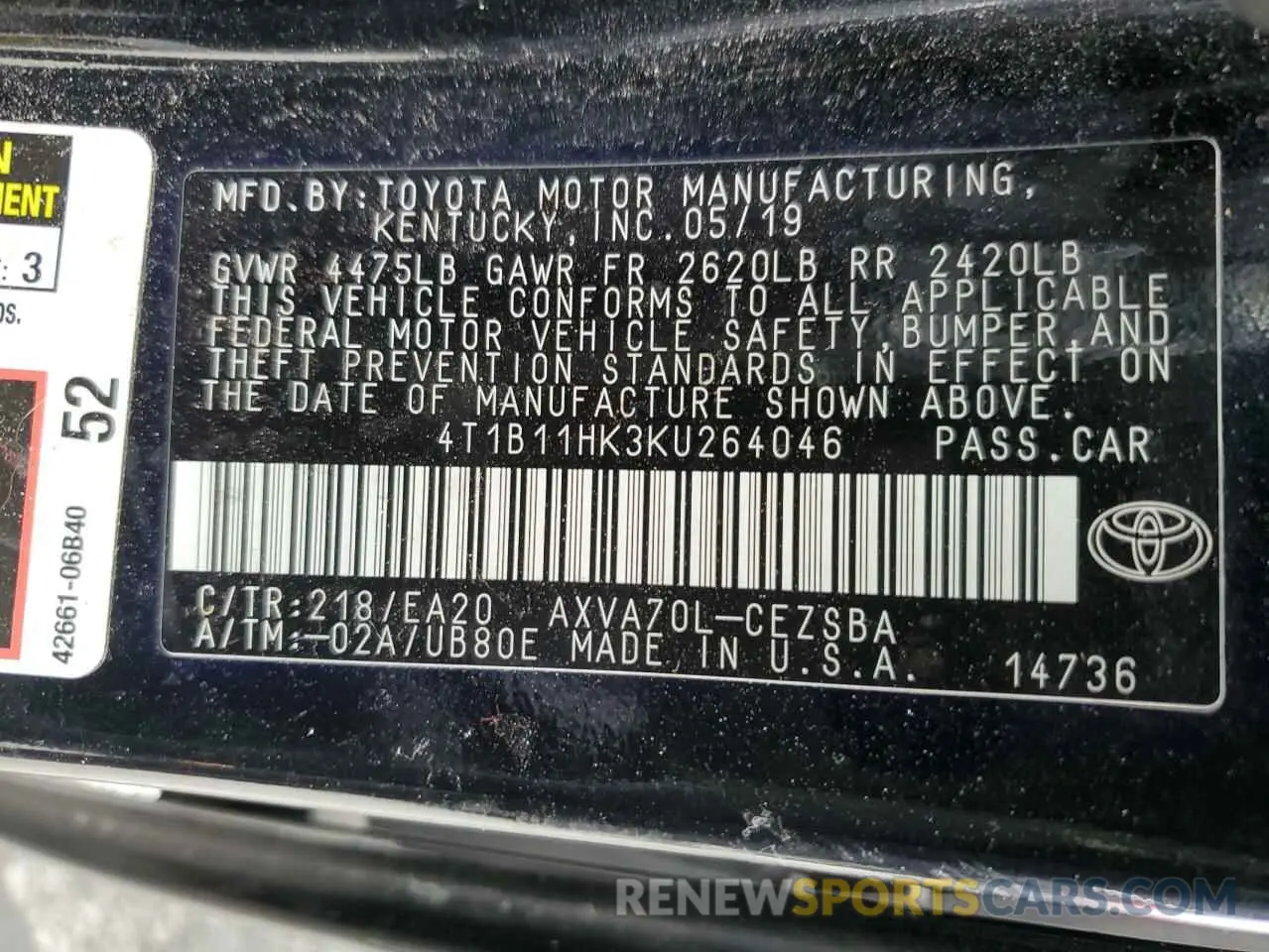 12 fotografías del automóvil dañado 4T1B11HK3KU264046 TOYOTA CAMRY 2019