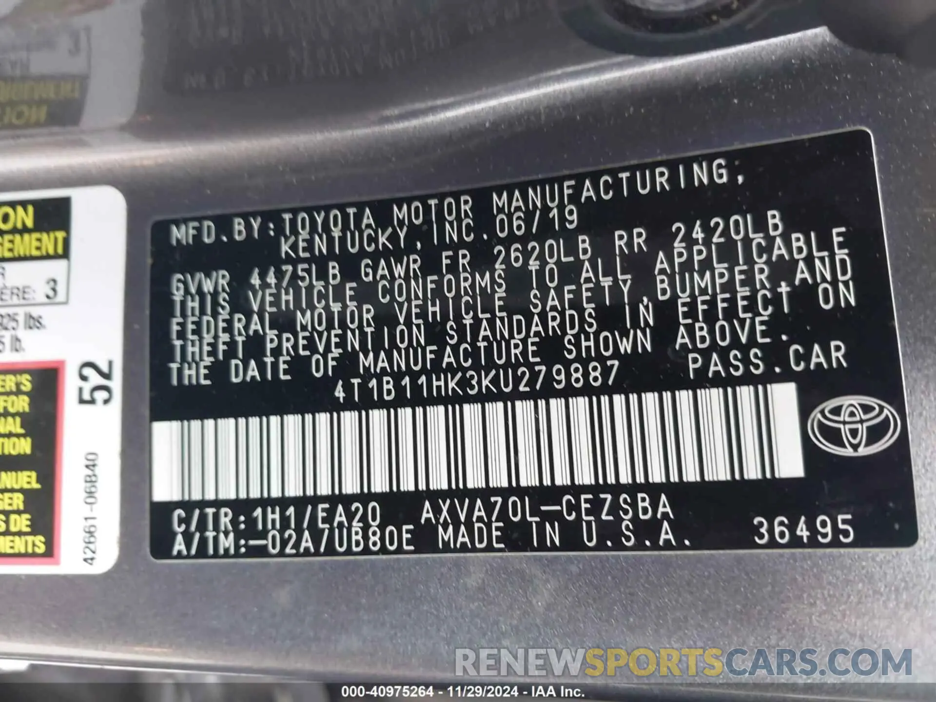 9 fotografías del automóvil dañado 4T1B11HK3KU279887 TOYOTA CAMRY 2019