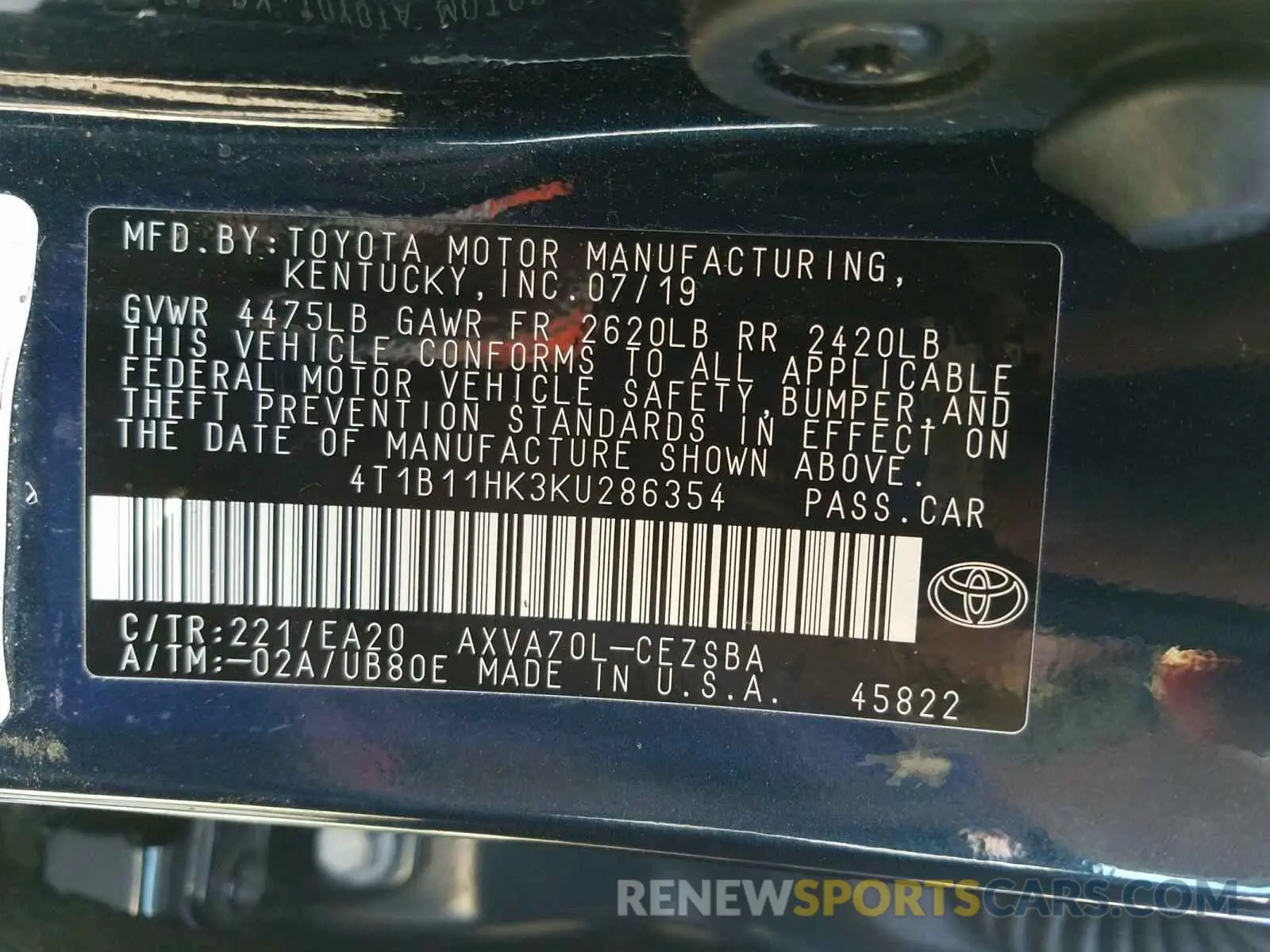 10 fotografías del automóvil dañado 4T1B11HK3KU286354 TOYOTA CAMRY 2019