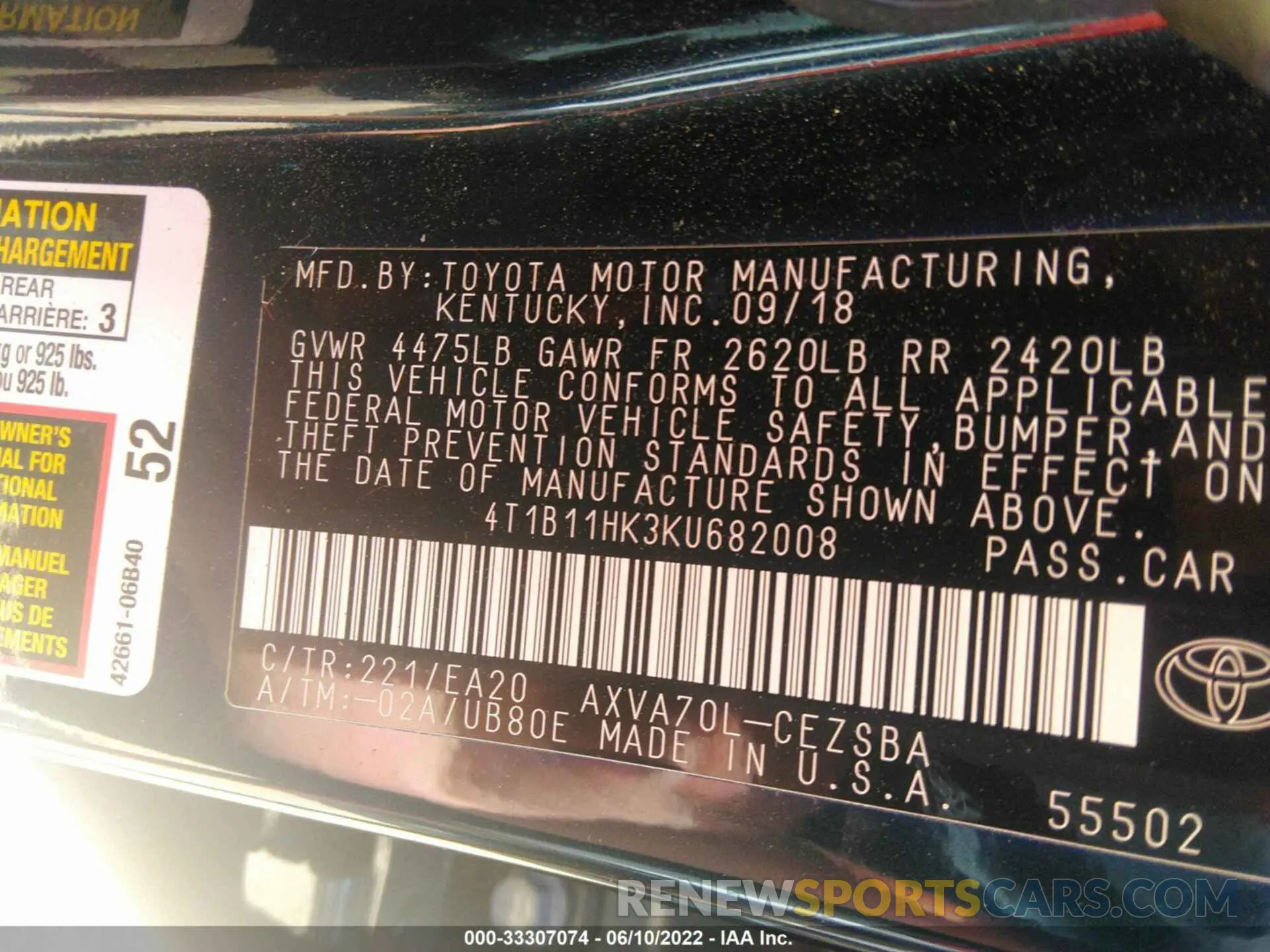 9 fotografías del automóvil dañado 4T1B11HK3KU682008 TOYOTA CAMRY 2019