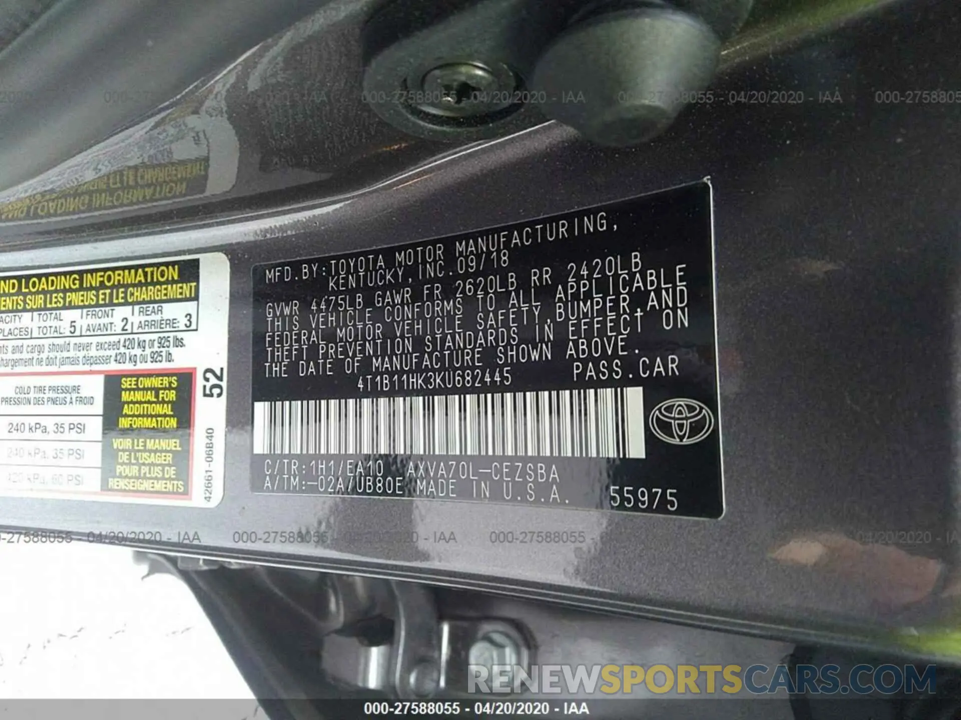 9 fotografías del automóvil dañado 4T1B11HK3KU682445 TOYOTA CAMRY 2019