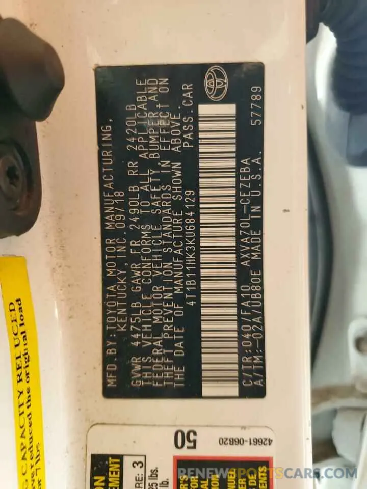 13 fotografías del automóvil dañado 4T1B11HK3KU684129 TOYOTA CAMRY 2019