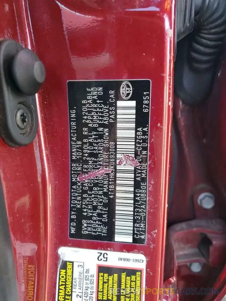 12 fotografías del automóvil dañado 4T1B11HK3KU693008 TOYOTA CAMRY 2019