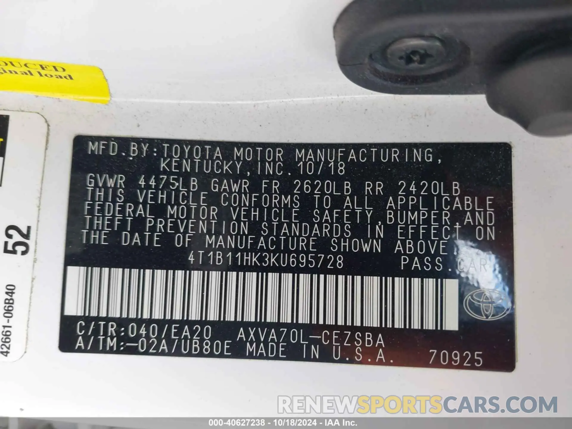 9 fotografías del automóvil dañado 4T1B11HK3KU695728 TOYOTA CAMRY 2019